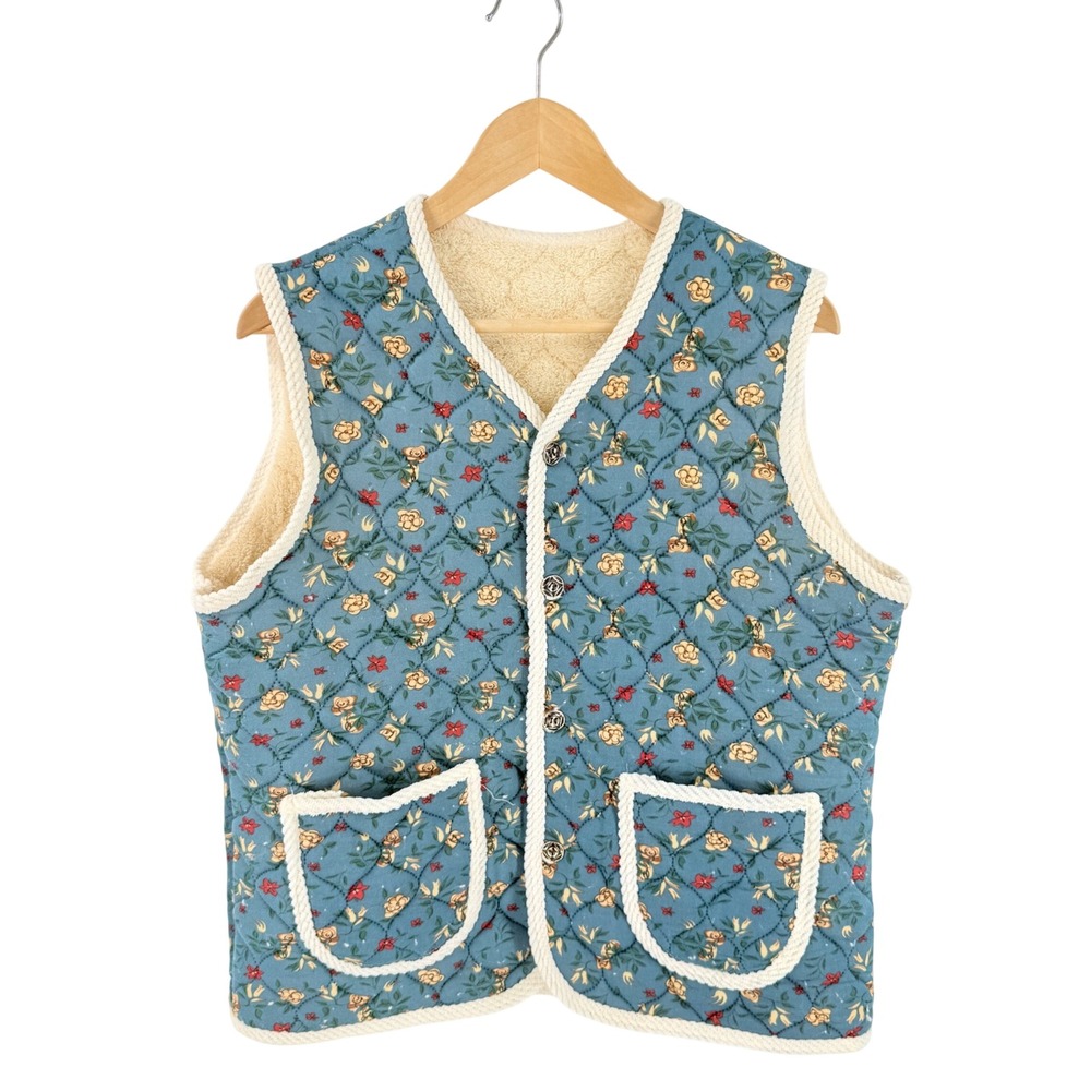 Unbranded Quilted Floral Vest Blue L Cottagecore Sherpa Lined Grandma Cozy Farm